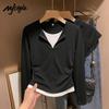 MJ STYLE Women's Half-Zip Faux Two-Piece Long Sleeve T-Shirt