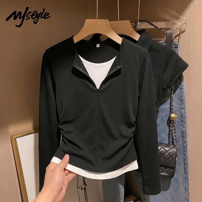 MJ STYLE Women's Half-Zip Faux Two-Piece Long Sleeve T-Shirt