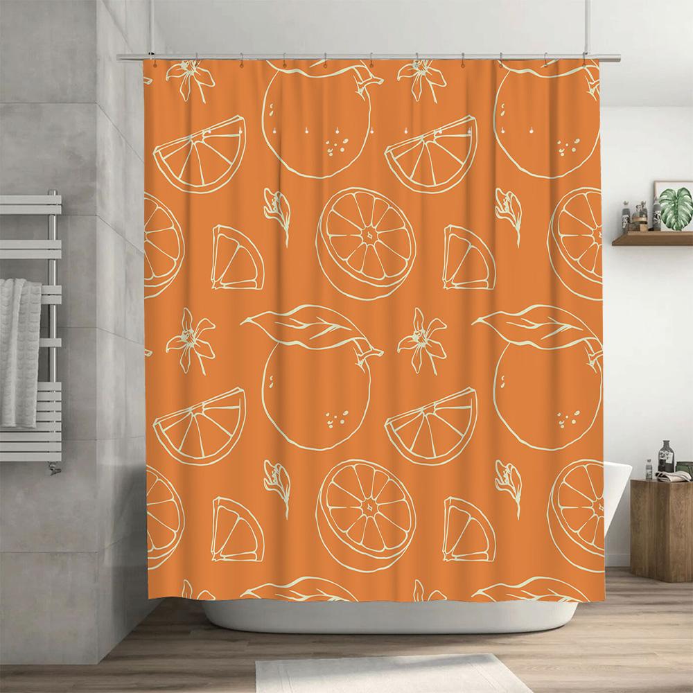 Modern Orange Shower Curtain With Leaves Design For Bathroom Decor Set Includes 12 Hooks In White Peachy Yellow Tone Home Decora