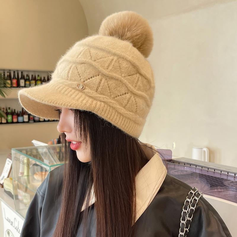 Autumn and Winter Hats Women's Winter Warm and Fleece Knitted Wool Hats Thickened Peaked Caps Cold-proof Hairball Ear Protectors