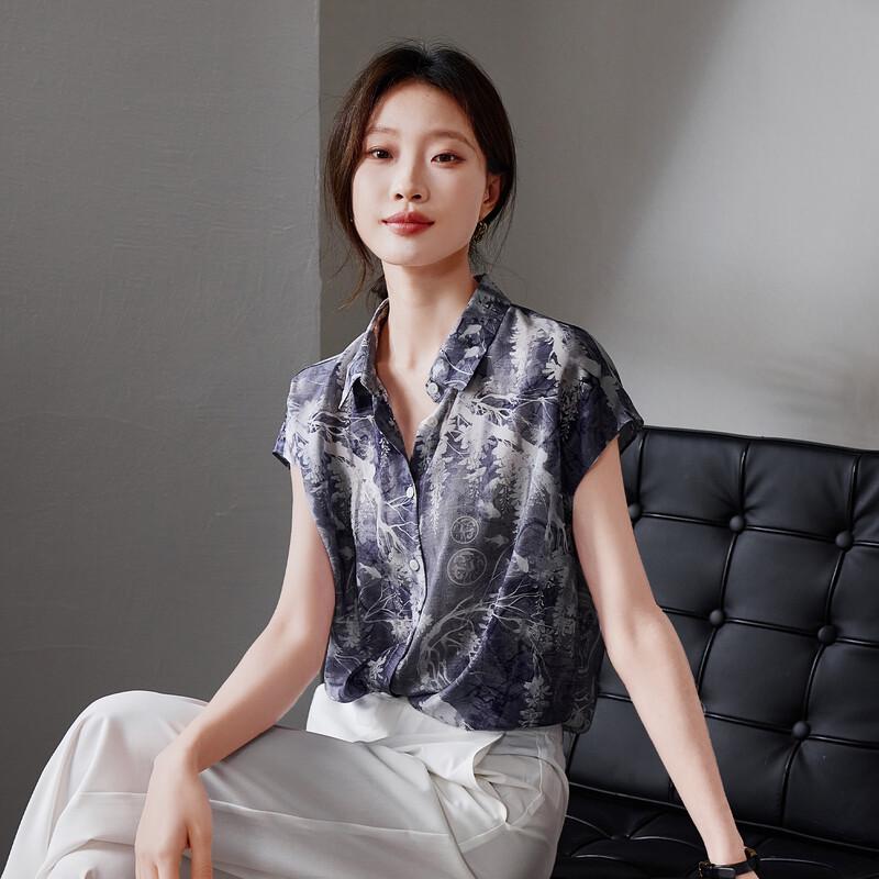 SOFSIL Women's 2026 Summer Silk Printed Short Sleeve Lapel Shirt