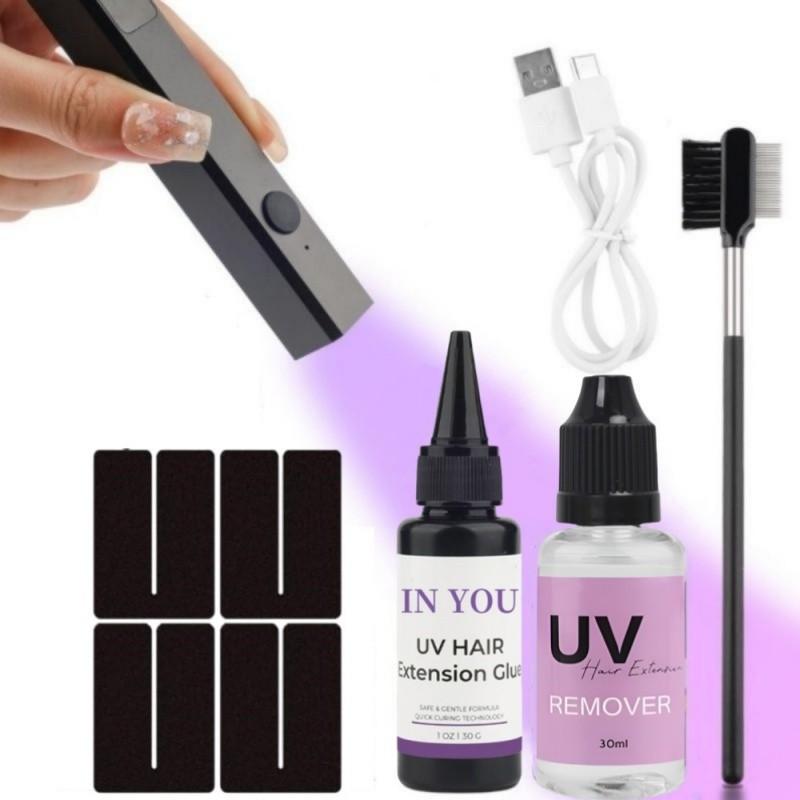 

Набор для УФ наращивания волос: Быстросохнущий водостойкий клей, ремувер и УФ-лампа-расческа, бесшовные естественные соединения, полная салонная и домашняя система A set