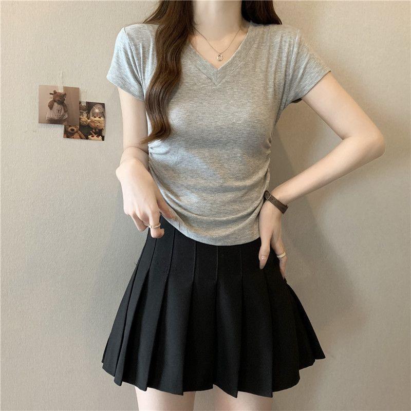 Damen V-Ausschnitt Gerafftes Kurzarm Schlankmachendes Oberteil