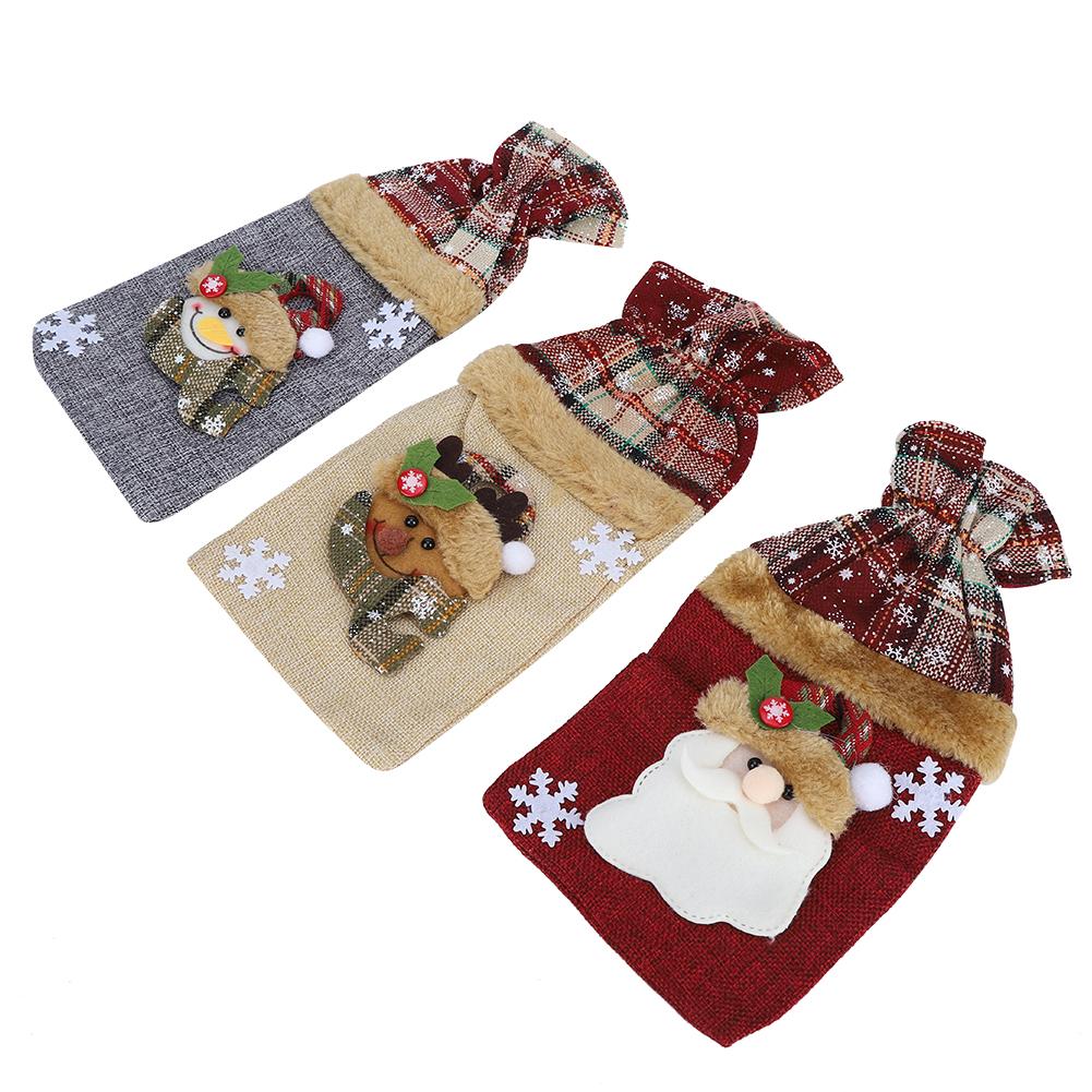 3Pcs Grid Pattern Linen Wine Bottle Cover Red Wine Champagne Bottle Bag Christmas Decoration