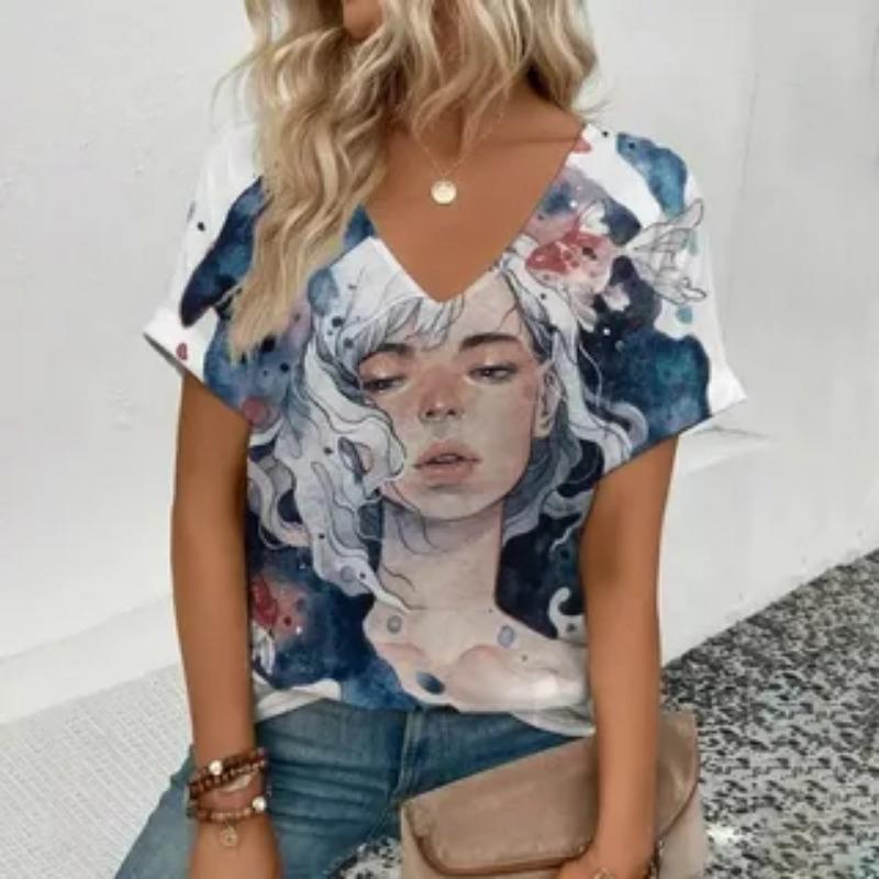 

Летний топ с V-образным вырезом и 3D-артом с принтом в виде лица, модные повседневные женские футболки с коротким рукавом 5XL