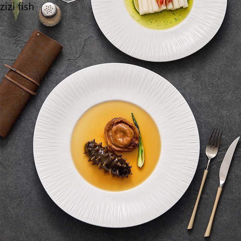 Pure White Wide Edge Striped Plate Ceramic Steak Plate Dessert Snack Plate Pasta Plates Molecular Cuisine Specialty Tableware