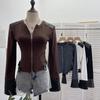 Herbst PU-Leder Patchwork Langarm Reißverschluss Strickjacke Fleece Oberteil 2797