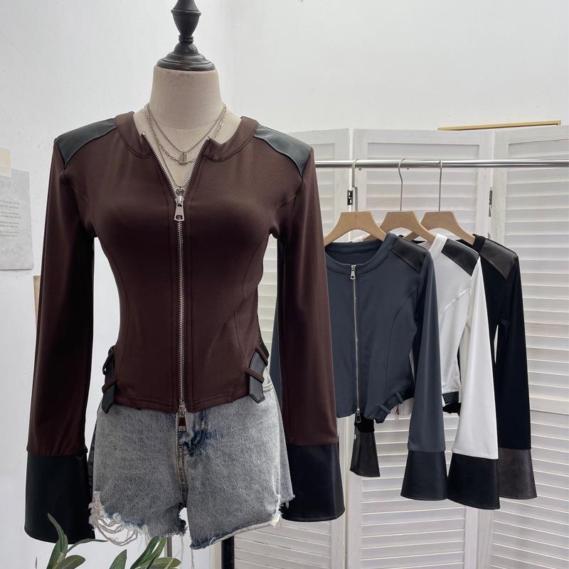 Herbst PU-Leder Patchwork Langarm Reißverschluss Strickjacke Fleece Oberteil 2797