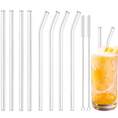 Ein fröhliches 8-teiliges Glasstrohhalm-Set Umweltfreundlich Wiederverwendbar zum Trinken Hohes Borosilikat Glatt für Smoothies Cocktails Kaffee und Bar Strohhalme Bürsten Tasche