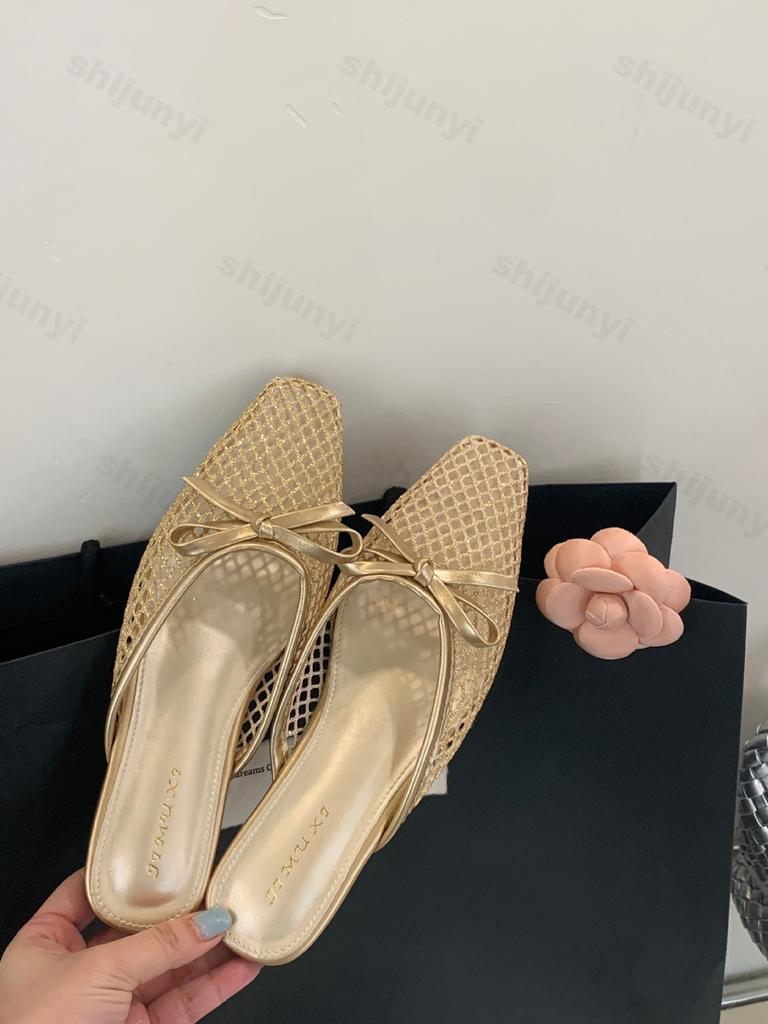 Mode Elegante Schleifen Hohl Lässig Halbschuhe Damen 2025 Sommer Flacher Mund Atmungsaktiv Bequem Schlepper Mode Strandsandalen