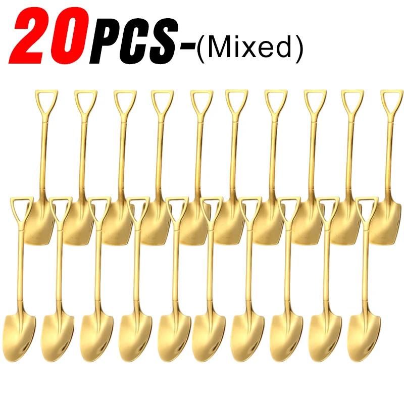 Stainless Steel Shovel Spoon Creative Gold Silver Coffee Spoons Ice Cream Dessert Scoops Teaspoon Kitchen Tableware Cutlery Sets