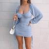 Women Sexy Mini Dress Mesh Long Sleeve Bodycon Dress Ruched Square Neck Ruffle Trim Backless Party Dress