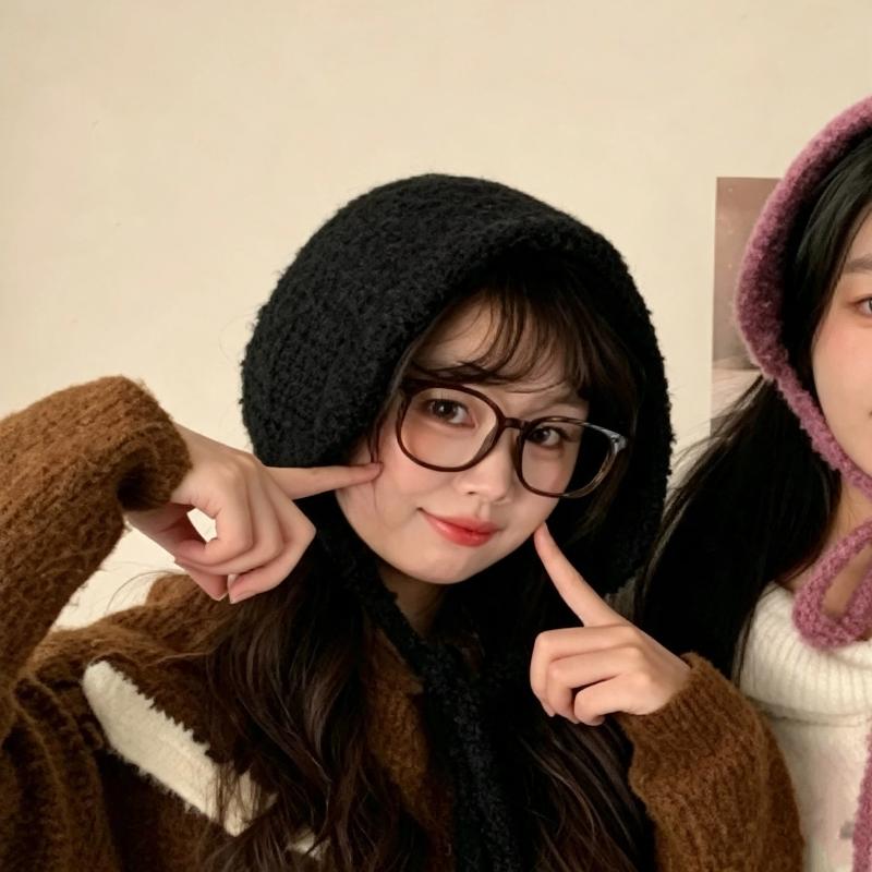 Womens Cute Polka Dot Fuzzy Knit Ear Flap Hat Soft Warm Fabric Adjustable Tie Strings For Winter Daily Wear Outdoor Activities