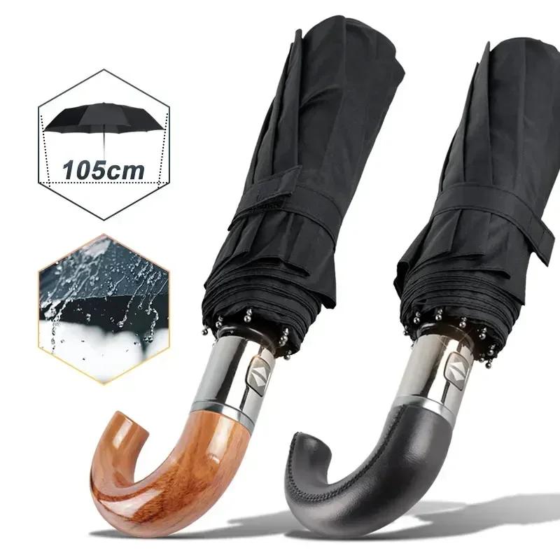 Paraguas británico con mango de cuero para hombre, automático, de negocios, con 10 varillas, resistente al viento, con 3 pliegues, grande, resistente a la lluvia, para mujer, sombrilla de calidad