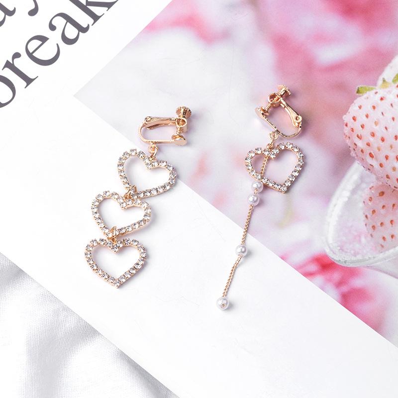 Асимметричные Длинные Серьги-Клипсы Dongdaemun с Любовным Мотивом, Усыпанные Бриллиантами и Жемчужной Бахромой, Серьги-Пуссеты  Сердце Девочки