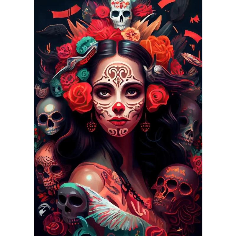 Day of The Dead Flowers and Beauty Skull Posters Prints Woman Halloween Canvas Painting Abstract Wall Art Picture Decoration