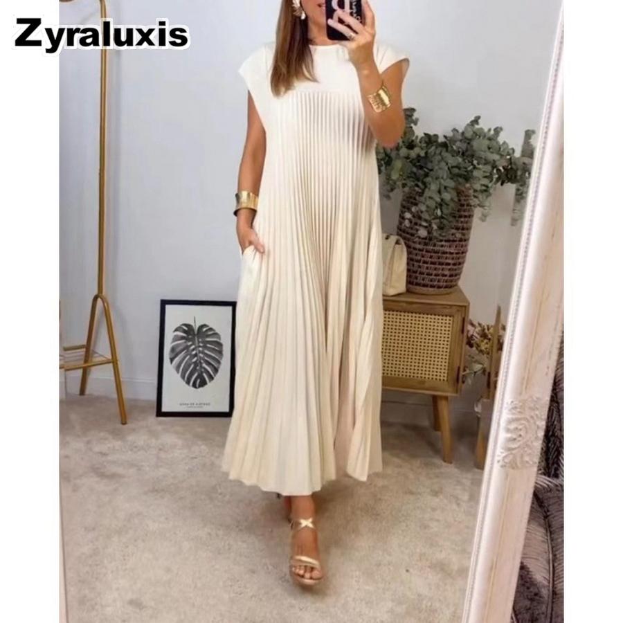 Spring New Women s Dresses Elegant Fashion Round Neck Sleeveless A-Line Long Skirt S