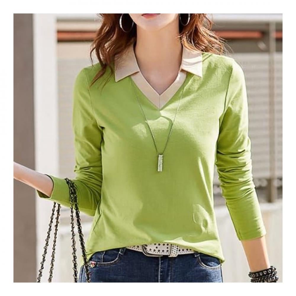 Navava Women Casual Color Block Collar Long Sleeve T shirT nT1496