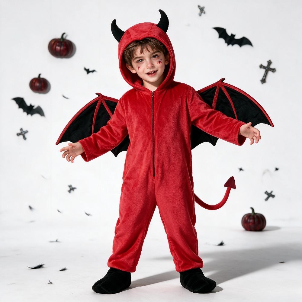 Roztomilý červený ďábel overal Cosplay oblečení s rohy křídly ocasem na karneval maškarní ples scénu party focení Halloween Cosplay