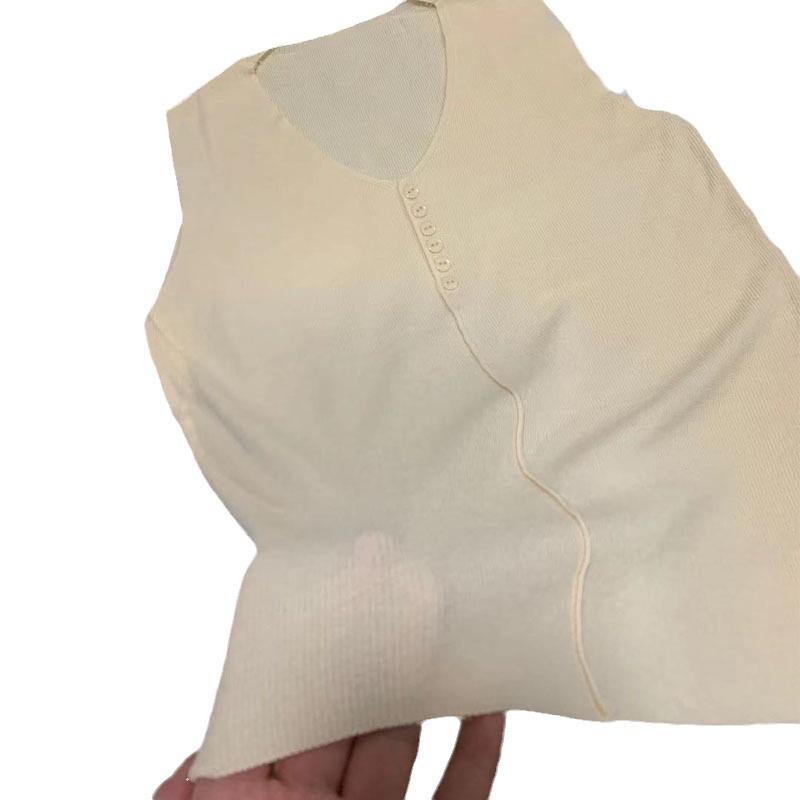 Dámská pletená vesta z ledového hedvábí s výstřihem do V - Top bez rukávů se zapínáním na knoflíky