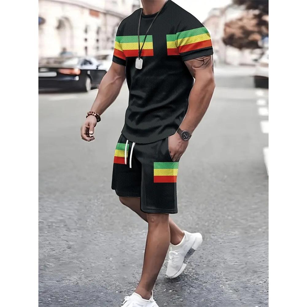 New Summer Men's Sports Short Sleeve T-Shirt Set, Two-Piece Outdoor Travel Shorts Training Outfit