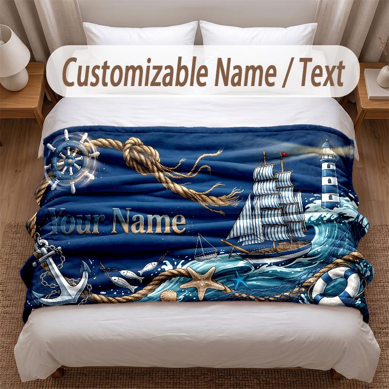 Fish Ocean Theme Soft Blanket Personalized Custom Name Text Print Warm Blanket Home Sofa Bedroom Decor