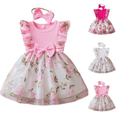 Toddler Girl Dress Floral Embroidered Mesh Princess Dress with Bowknot Detail and Headband for Birthday Party Special Occasion