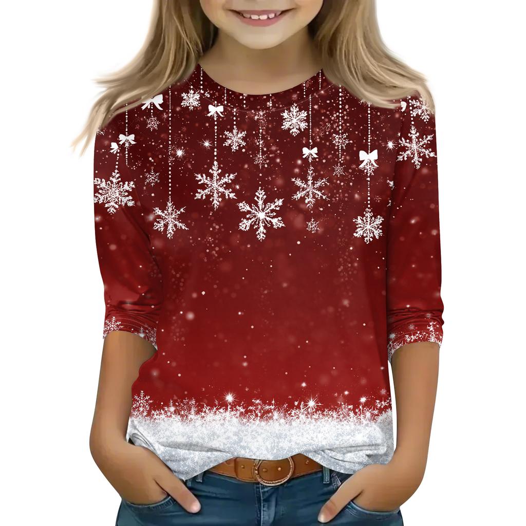 Christmas Day Print Tops For Youth Girls 4-11 Years Round Neck 3/4 Sleeves T-Shirts Trendy Tops Outfit Tees
