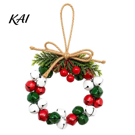 Decorative Bow Bells Mini Jingle Christmas Wreath, Rustic Metal Bell Hanging Wreath with Faux Pine Branch, Entryway Ritual Decor Red Berries And Jute