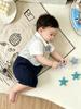 Summer Gentleman Short-Sleeve Baby Romper for Boys with Cute Bear, 100-Day Celebration