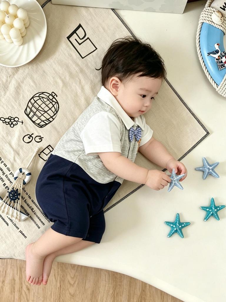 Summer Gentleman Short-Sleeve Baby Romper for Boys with Cute Bear, 100-Day Celebration