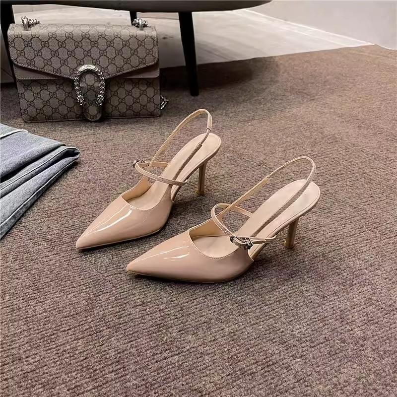Nude High Heels Women's Pointed Head 2024 New Autumn Patent Leather Back Empty Temperament Single Shoes Black Stiletto Summer Sandals