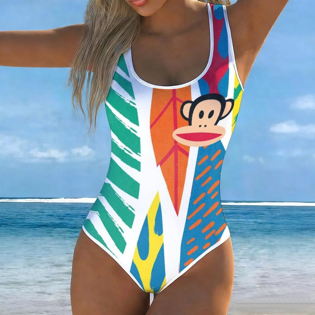 Summer Sexy Badge Big Mouth Monkey Printed One-piece Swimsuit Slim Fit , Deep U-back Design, Beach Pool Vacation Eye-catching Fashion Swimsuit