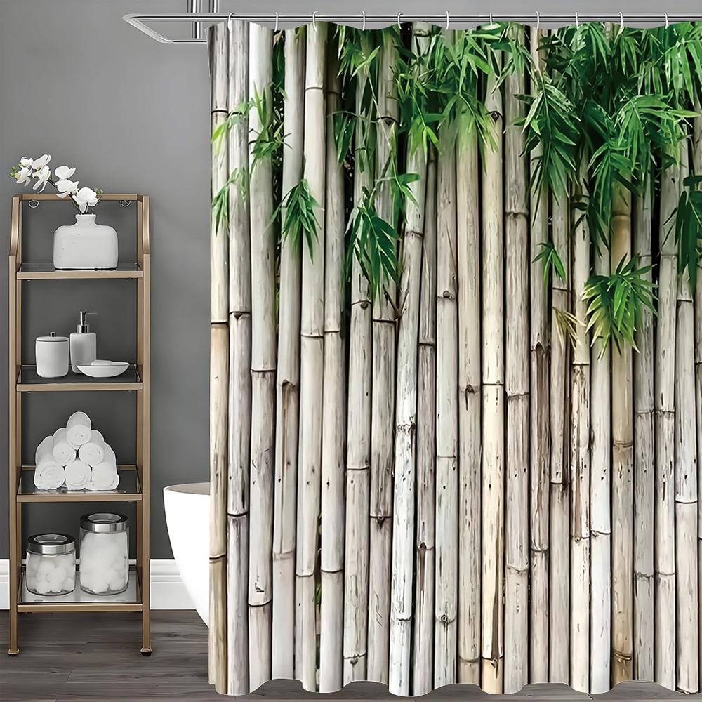 Bamboo Green Leaf Shower Curtain, Bathroom Decorative Shower Curtain, Waterproof Shower Curtain with Hooks