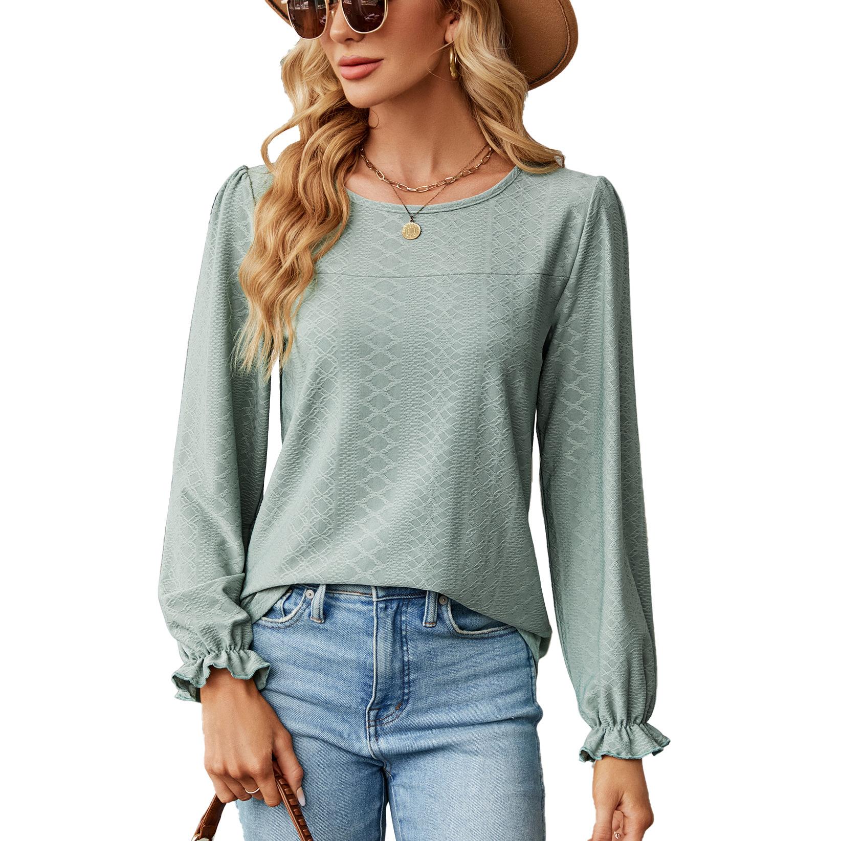 

Женская мода повседневные однотонные с принтом летние весенние блузки и рубашки с длинным рукавом и круглым вырезом S