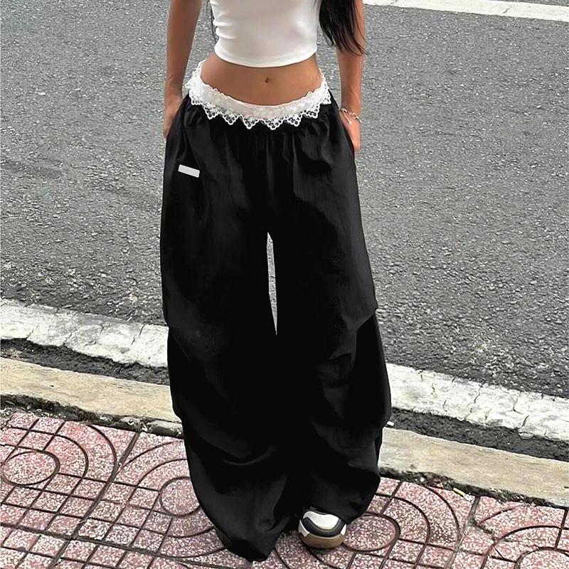Wide Leg Pants New Arrival Lace Lace Contrast Color Waist Head Cargo Pants Thin Wide Leg Mop Sun Protective Pants