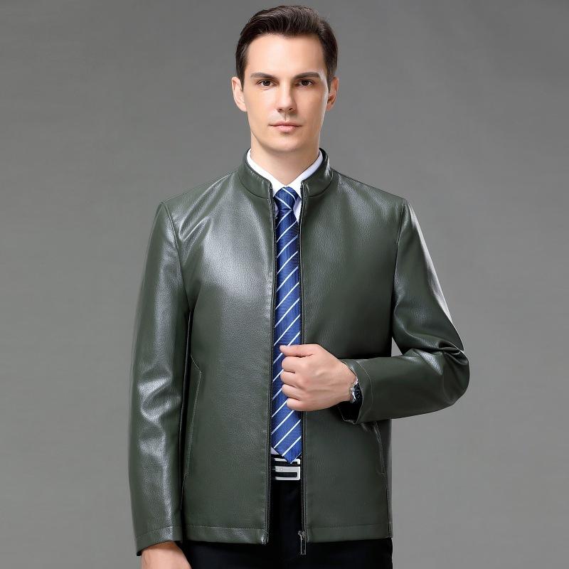 Spring, Autumn and Winter New Men's Leather Jackets, Middle-aged Men's Casual Slim Business Stand-up Collar Sheepskin Jackets Thick Coats