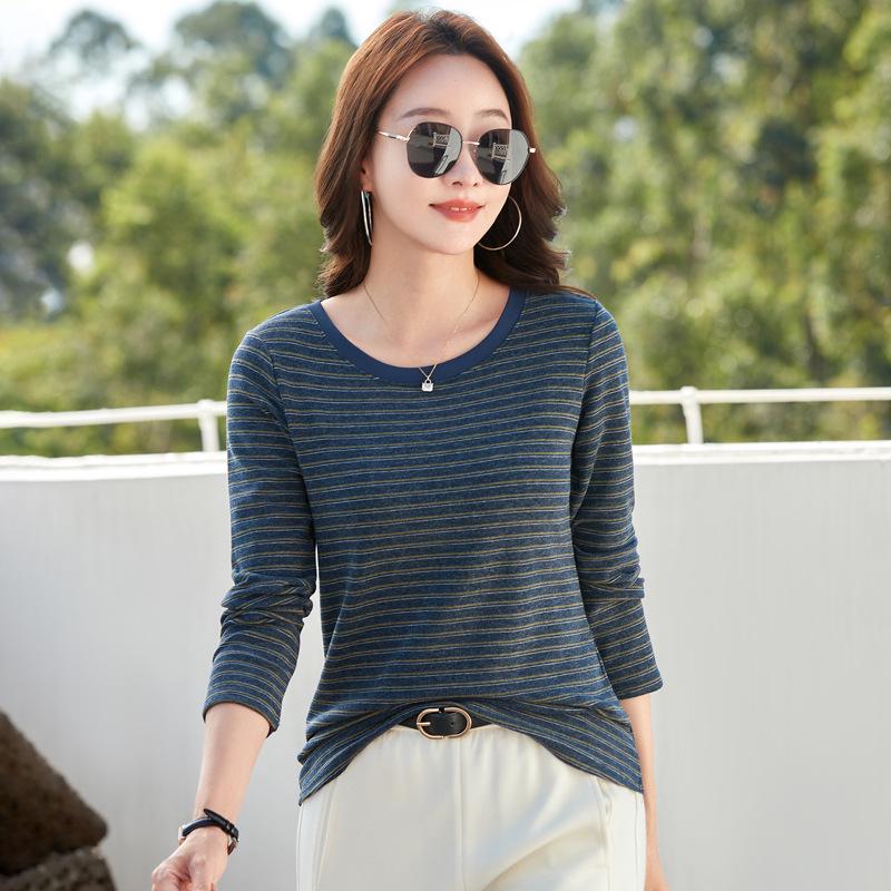 Korean Style Women's Slim Fit Striped Long Sleeve Round Neck T-shirt for Autumn/Winter