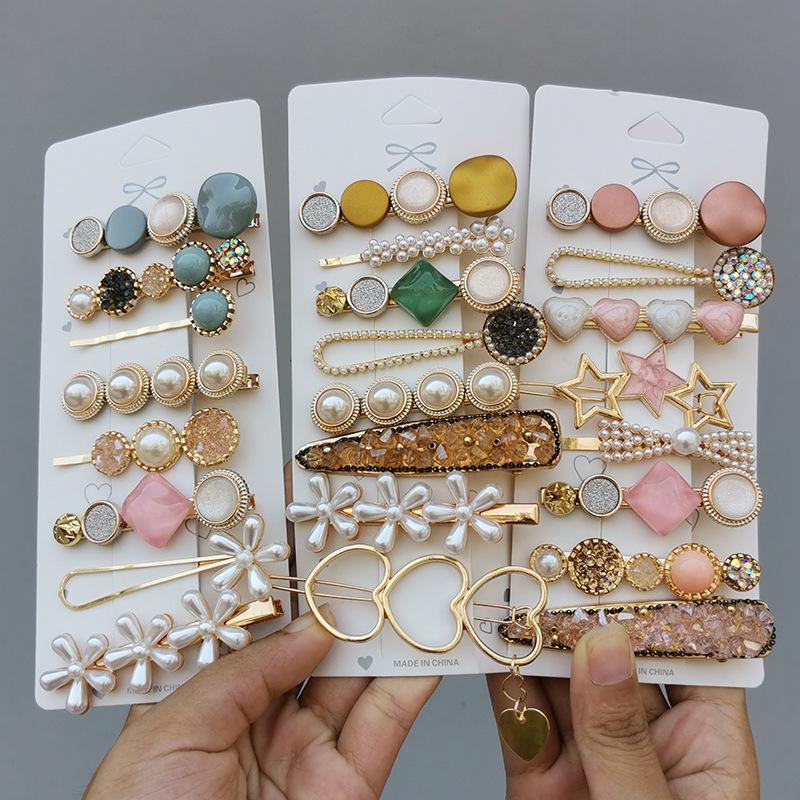 MIX 8pcs/Set GOLD Fashion Pearls Acetate Geometric Clips for Girls Hair Decoration Sweet Hairpins Barrettes Hair Accessories Set