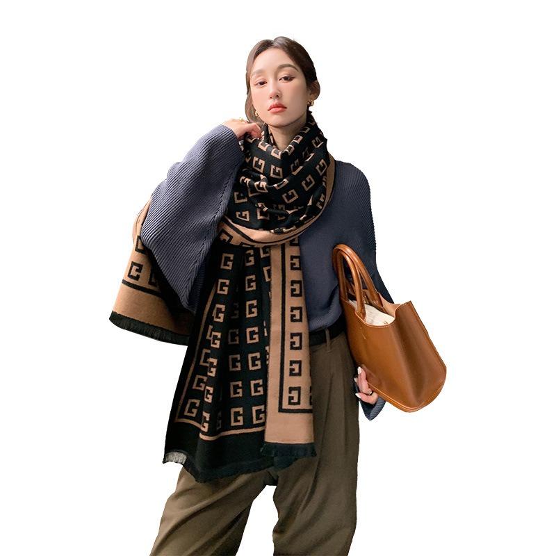 New Autumn and Winter Letter Medium and Long Imitation Cashmere Scarf Retro Women's Scarf Thickened Warm Women's Shawl
