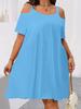 Women Cold Shoulder Short Sleeve Casual Loose Swing Dress with Elastic Neckline