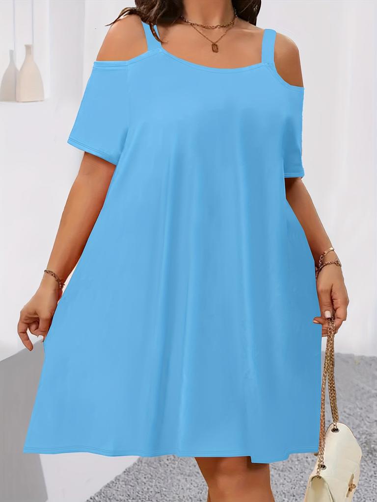 Women Cold Shoulder Short Sleeve Casual Loose Swing Dress with Elastic Neckline