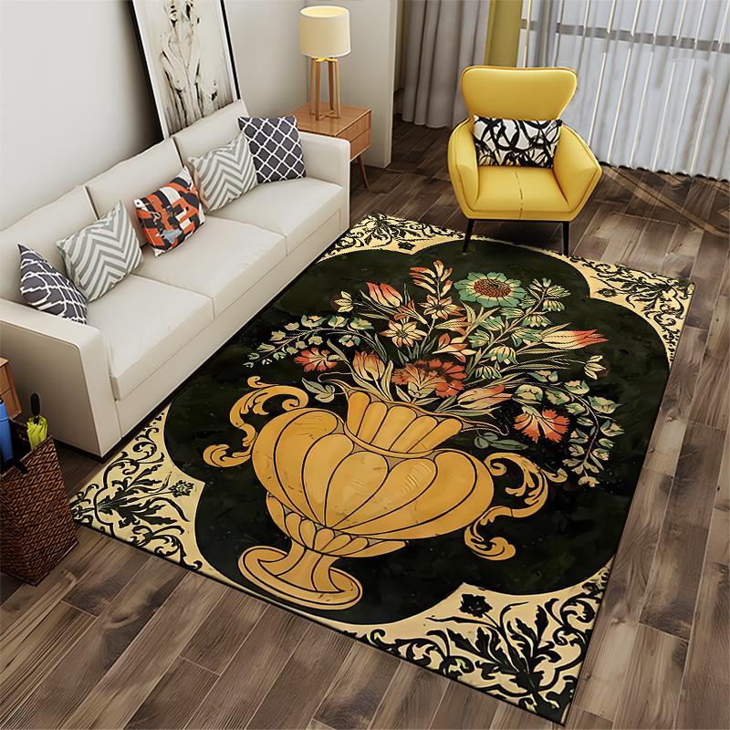 Vintage Floral Vase Pattern Carpet - Elegant Black and Gold Design Suitable for Use As an Anti-slip for Living Room Bedroom Sofas