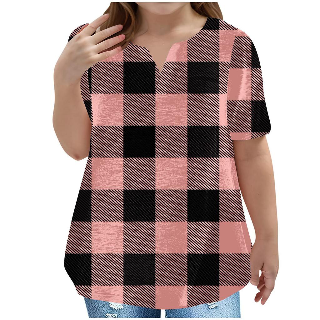 Children's Plus-size T-shirt Casual Fashion Plaid V-neck Short-sleeved Pocket Top