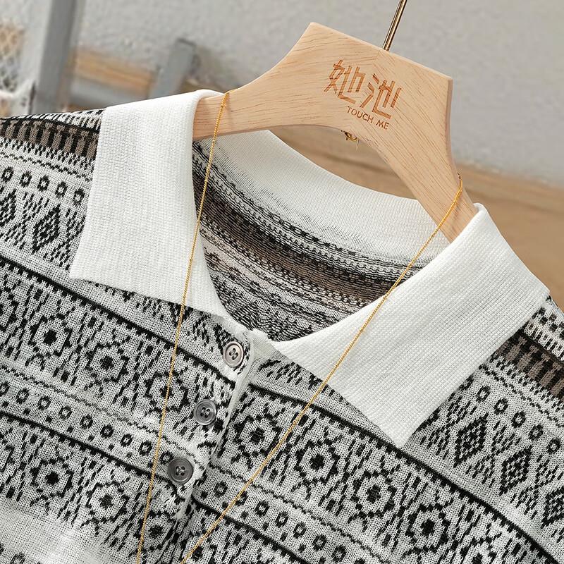 Women's Retro Color-block Striped Lapel Knit Top