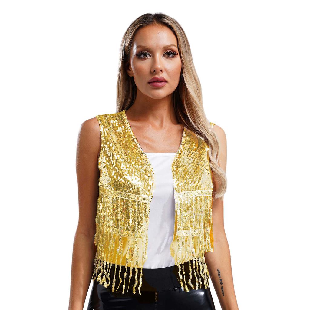 Damen 70er Jahre Disco Cowgirl Weste S-XL: Glänzende Pailletten-Weste mit Fransen, Offene Vorderseite, Vintage Western Party Kostüm