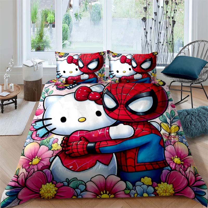This Hello Kitty three-piece bedding set with a cartoon heart print, including one duvet cover and two pillowcases, makes a perf