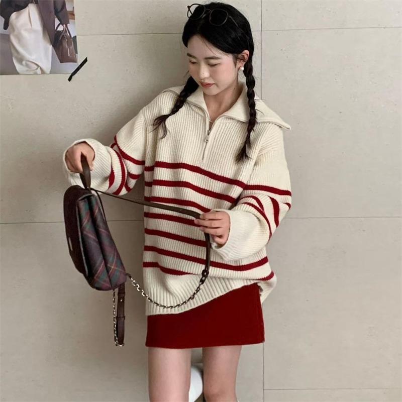 Autumn and winter new lazy wind pullover sweater women's top loose color matching striped half zipper knitted sweater outer wear