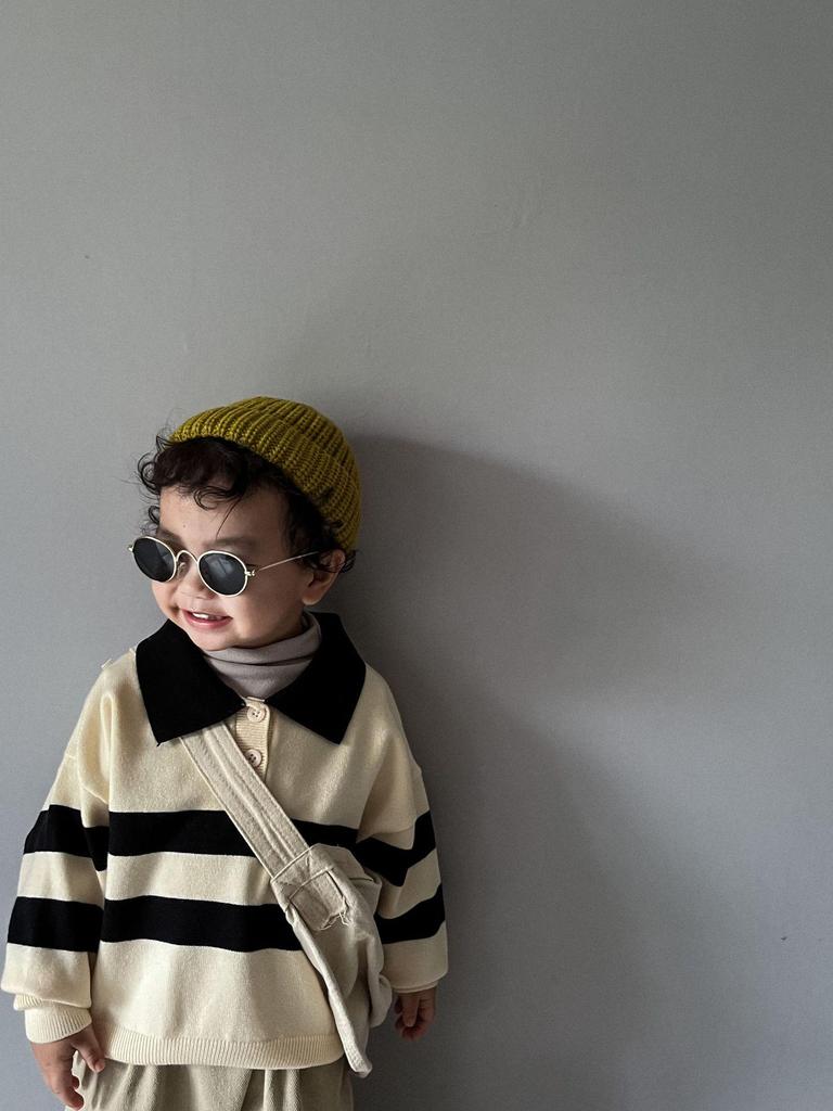Mori Style Children's Knitted Sweater - Striped, Two-Button, Turn-Down Collar, Casual and Fashionable for Boys and Girls in Spring and Autumn.