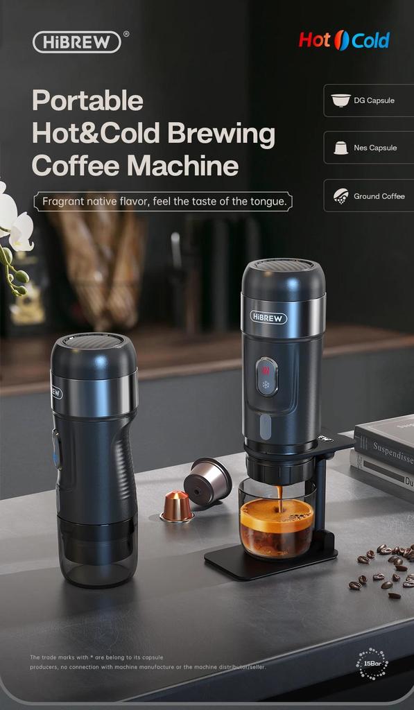 New HiBREW Portable Coffee Machine Expresso Coffee Maker Fit Nexpresso Capsule Coffee Powder for Car Camping & Home Heat Water H4A